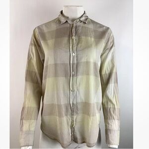 Everlane Sz 2 100% Cotton Button Top In Pale Plaid Cream Yellow Long Sleeve